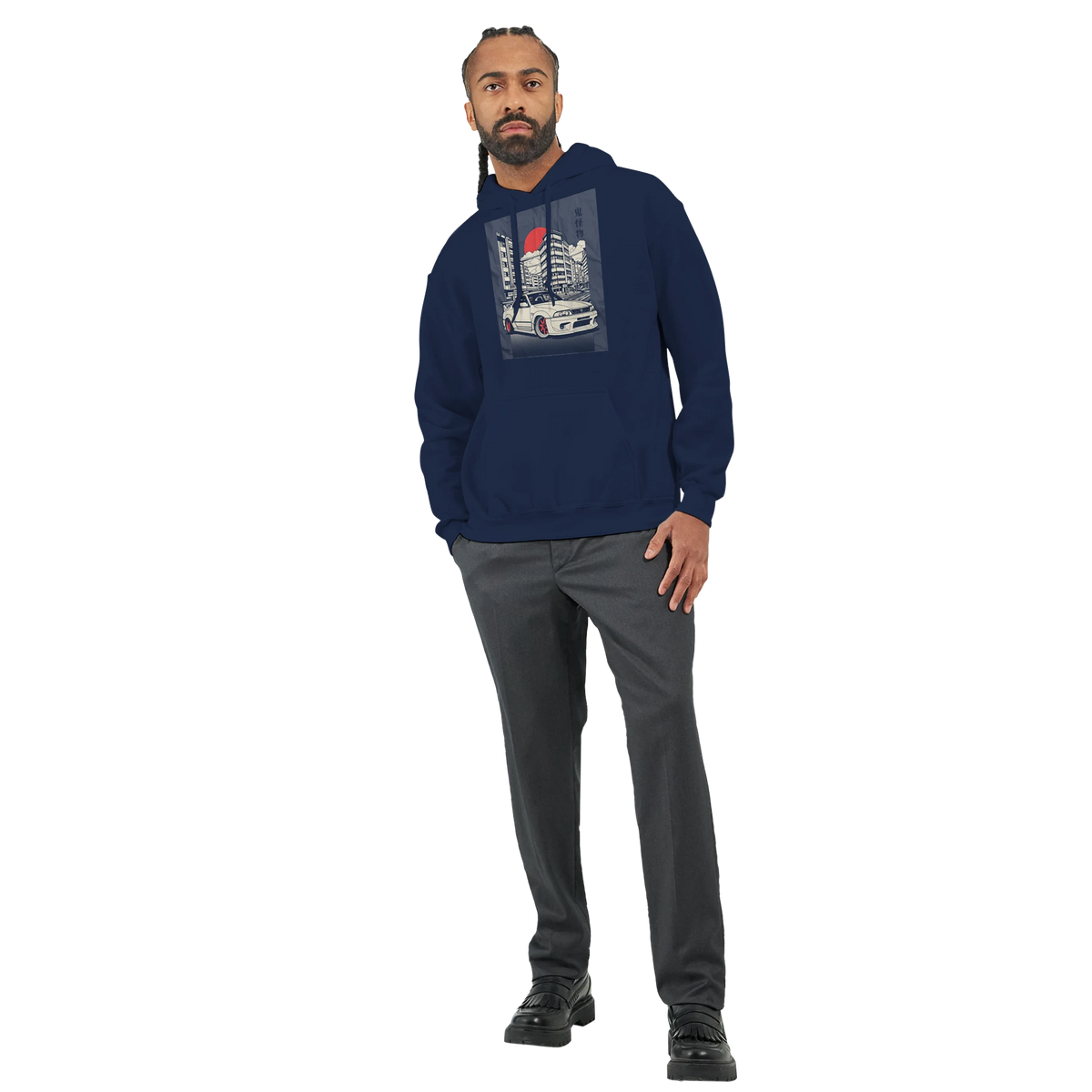 Man wearing navy Car Jumper JDM Hoodie with car graphic, front pouch pocket, drawstring hood