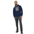 Man wearing navy Car Jumper JDM Hoodie with car graphic, front pouch pocket, drawstring hood