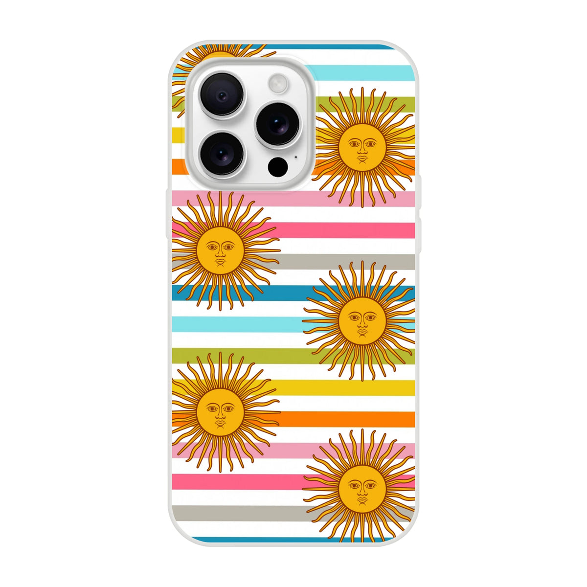 Retro Rainbow Sun iPhone case for 13-16, boho pastel stripes with sun-face motif.