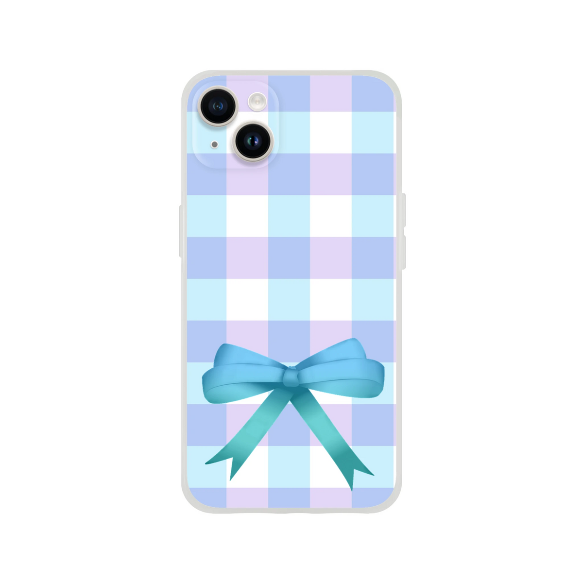 Blue gingham bow iPhone case for iPhone 13 to 16, cute coquette aesthetic with pastel plaid and bow accent.