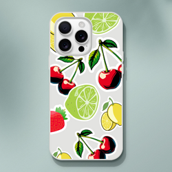Transparent fruit-sticker iPhone case for 13–16 featuring cherry, lime, and lemon motifs.