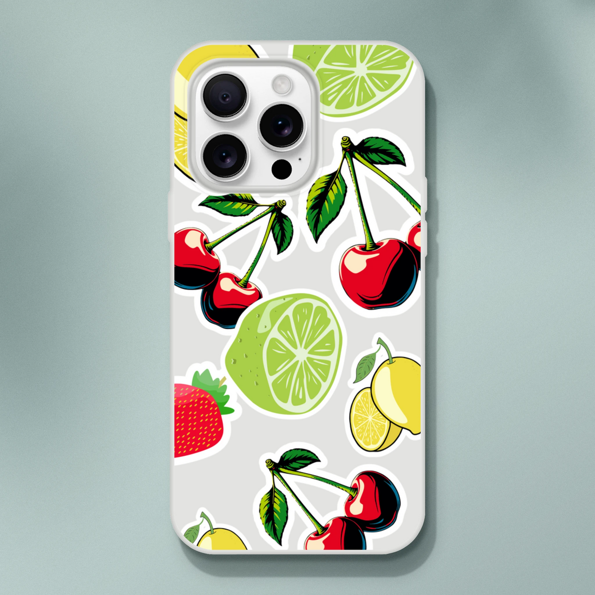 Transparent fruit-sticker iPhone case for 13–16 featuring cherry, lime, and lemon motifs.