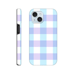 Pastel blue and lavender gingham iPhone case with cute checkered pattern and tough shock-absorbing protection for daily use.