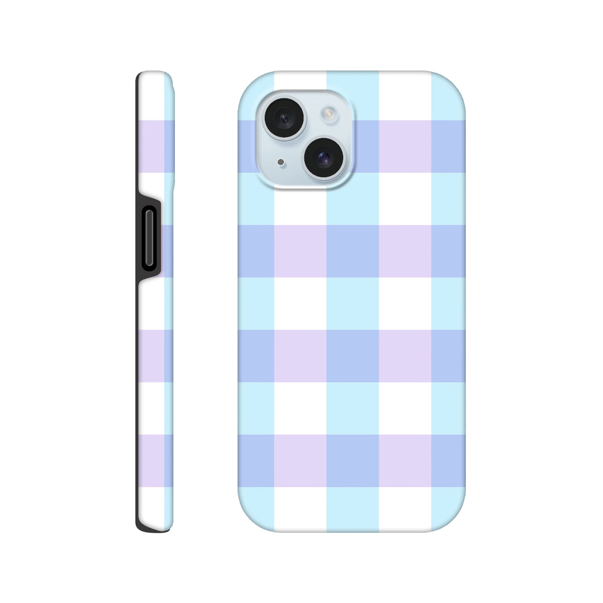 Pastel blue and lavender gingham iPhone case with cute checkered pattern and tough shock-absorbing protection for daily use.