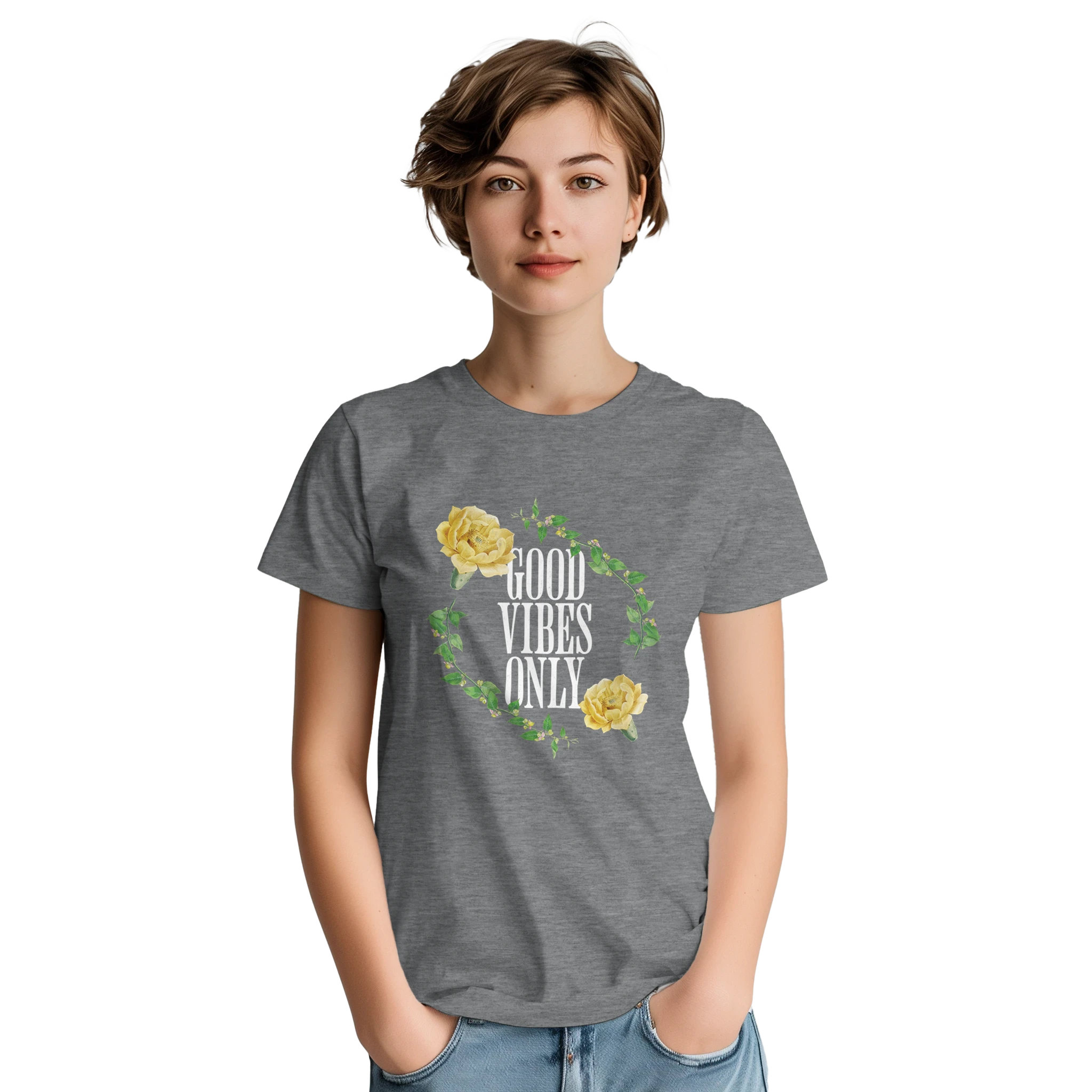 Women's Good Vibes Only graphic tee on gray cotton blend with floral vine and yellow roses.