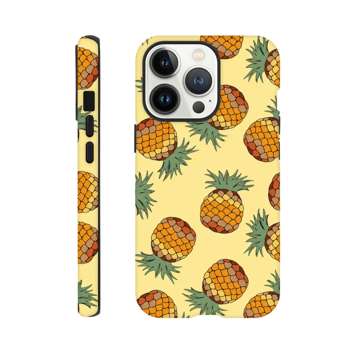 Yellow pineapple pattern tough iPhone case with tropical print for impact protection and street-style aesthetics.