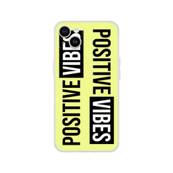 Slim neon yellow iPhone case for 13-16 with bold black 'Positive Vibes' slogan.