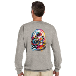 Grey sweatshirt featuring vibrant On Boost turbocharger and palm tree graphic. Modified car culture streetwear for petrolheads.