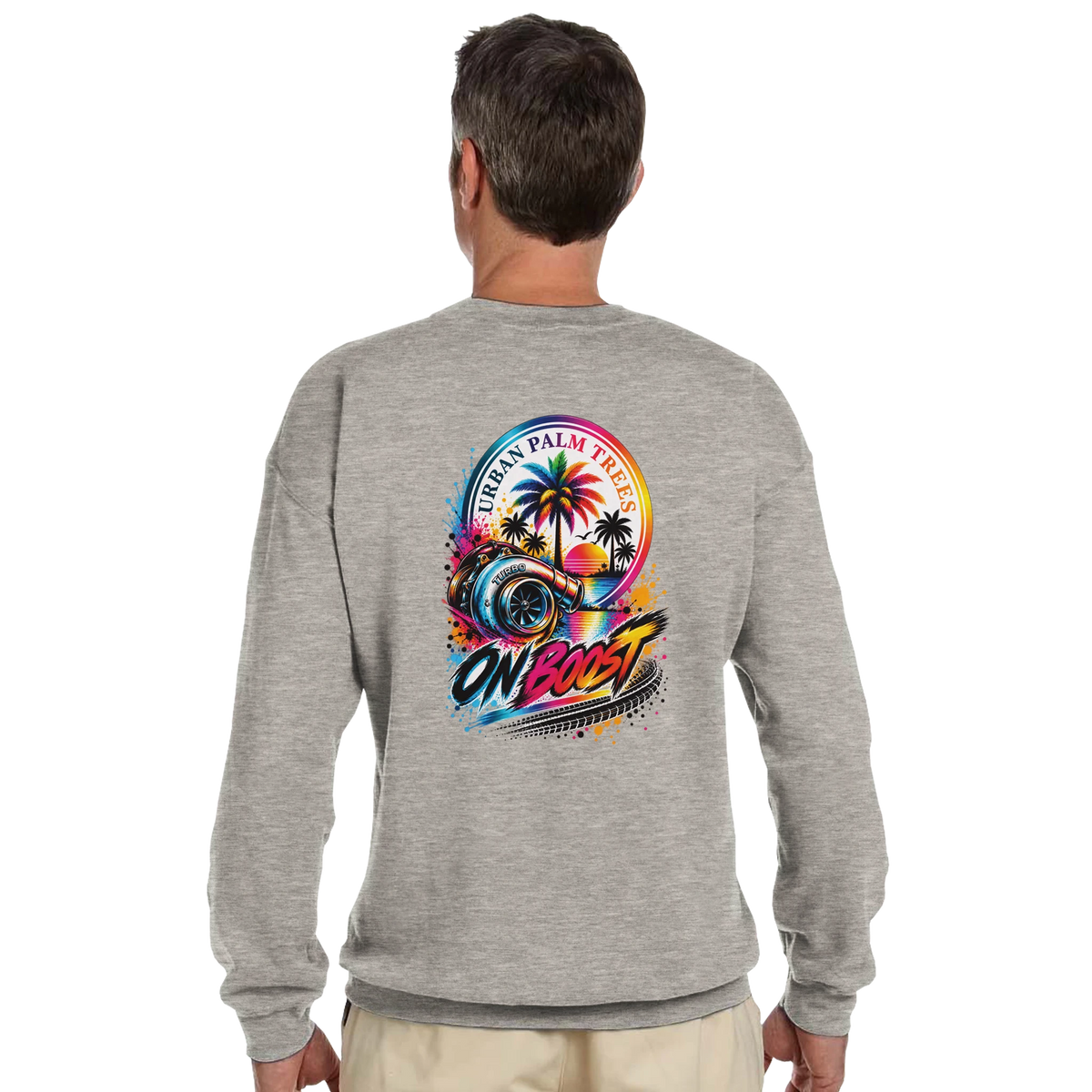 Grey sweatshirt featuring vibrant On Boost turbocharger and palm tree graphic. Modified car culture streetwear for petrolheads.