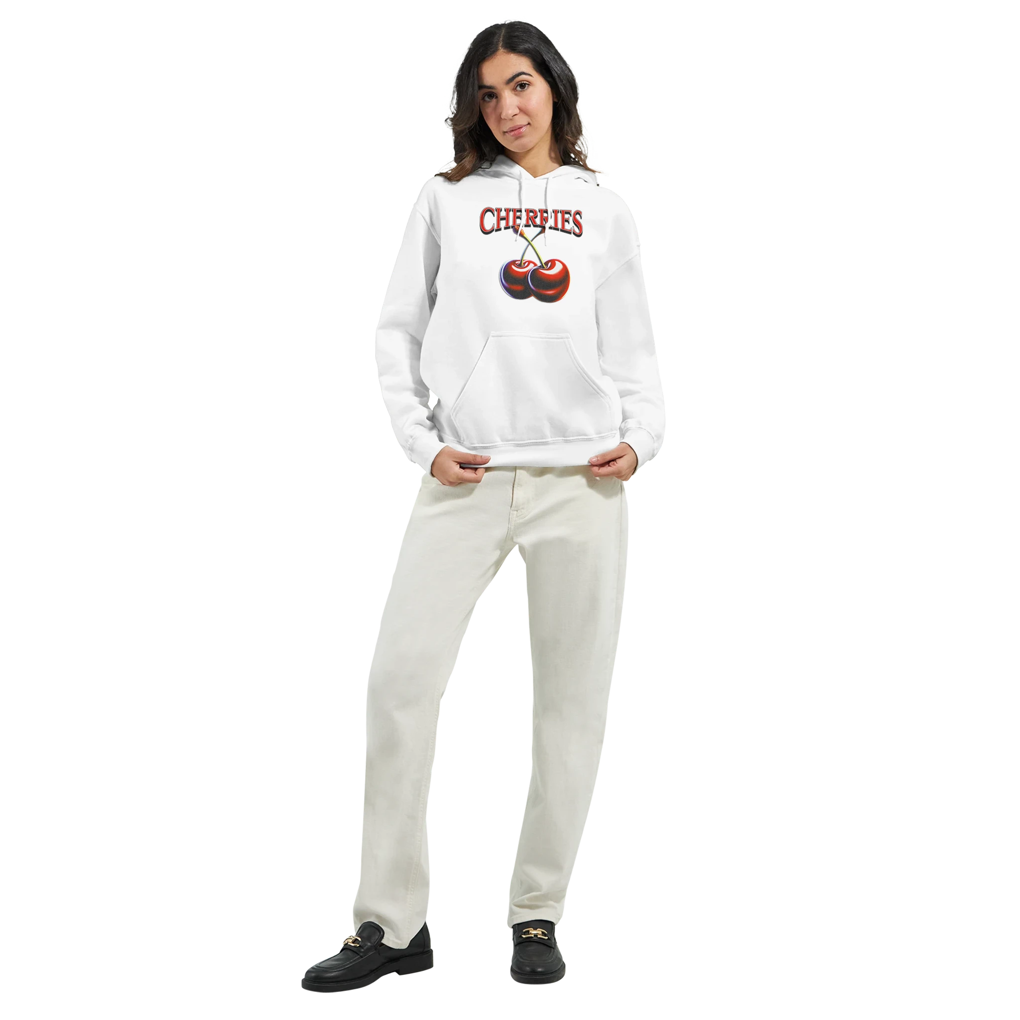 Woman modeling a white Y2K cherries hoodie with bold cherry print for retro cozy streetwear.