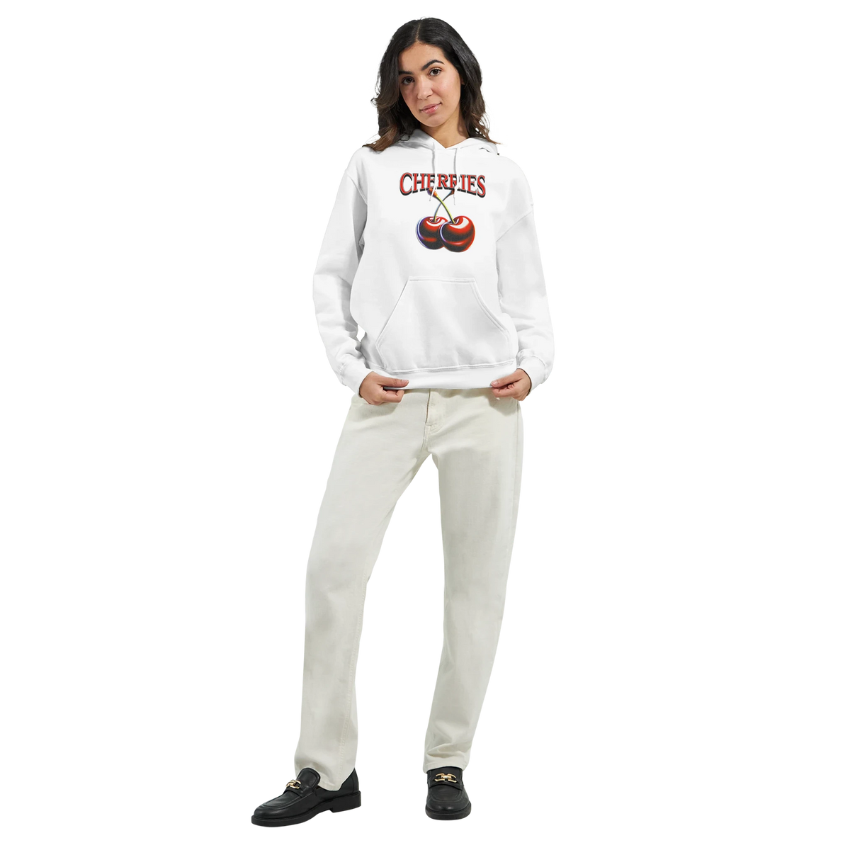 Woman modeling a white Y2K cherries hoodie with bold cherry print for retro cozy streetwear.