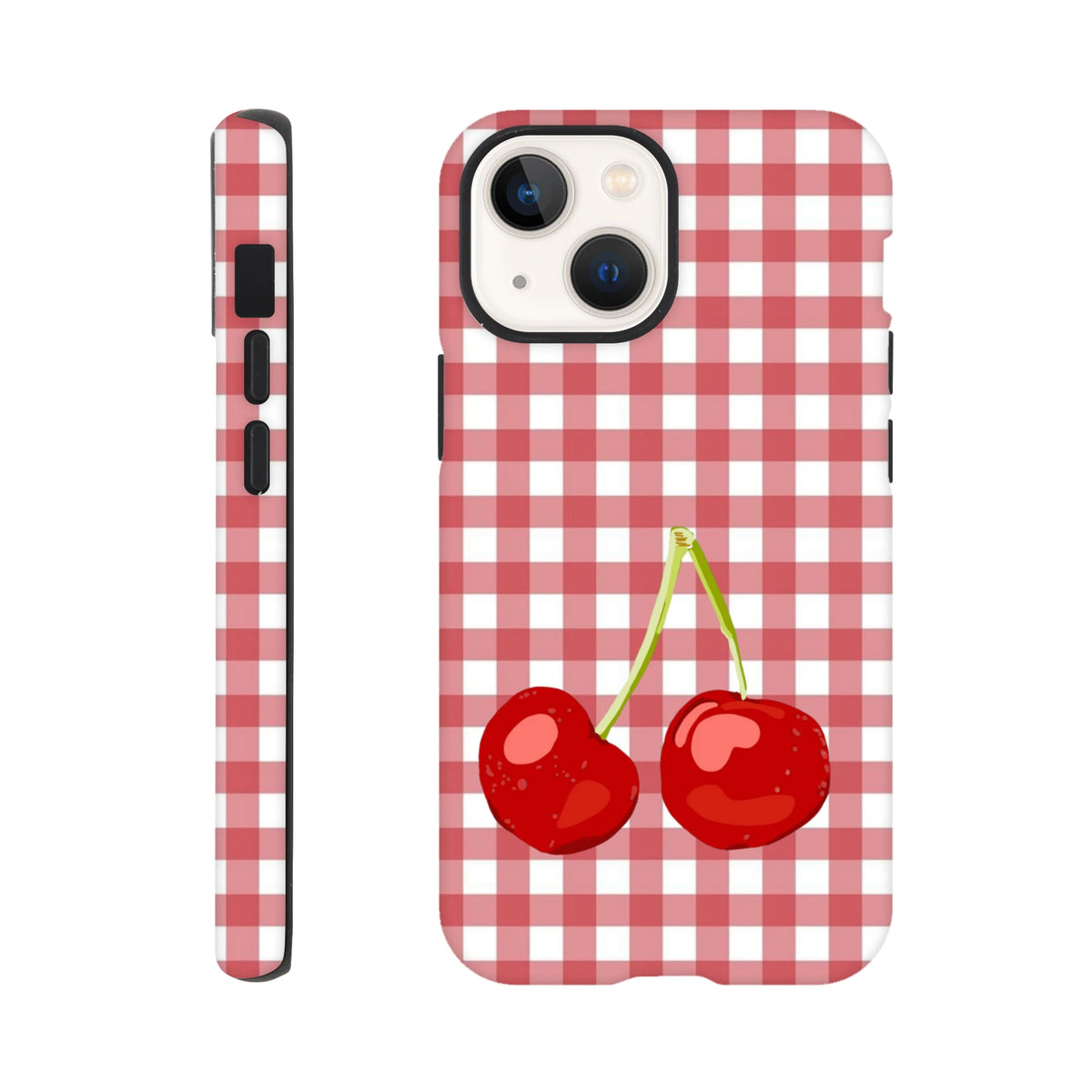 Red and white gingham iPhone case featuring two bright red cherries on the back and matching checkered side accents.