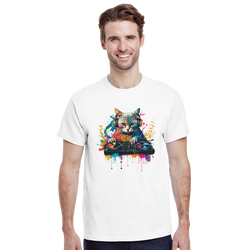 White t-shirt featuring a colourful artistic graphic of a cat wearing headphones and playing DJ turntables with paint splatters.