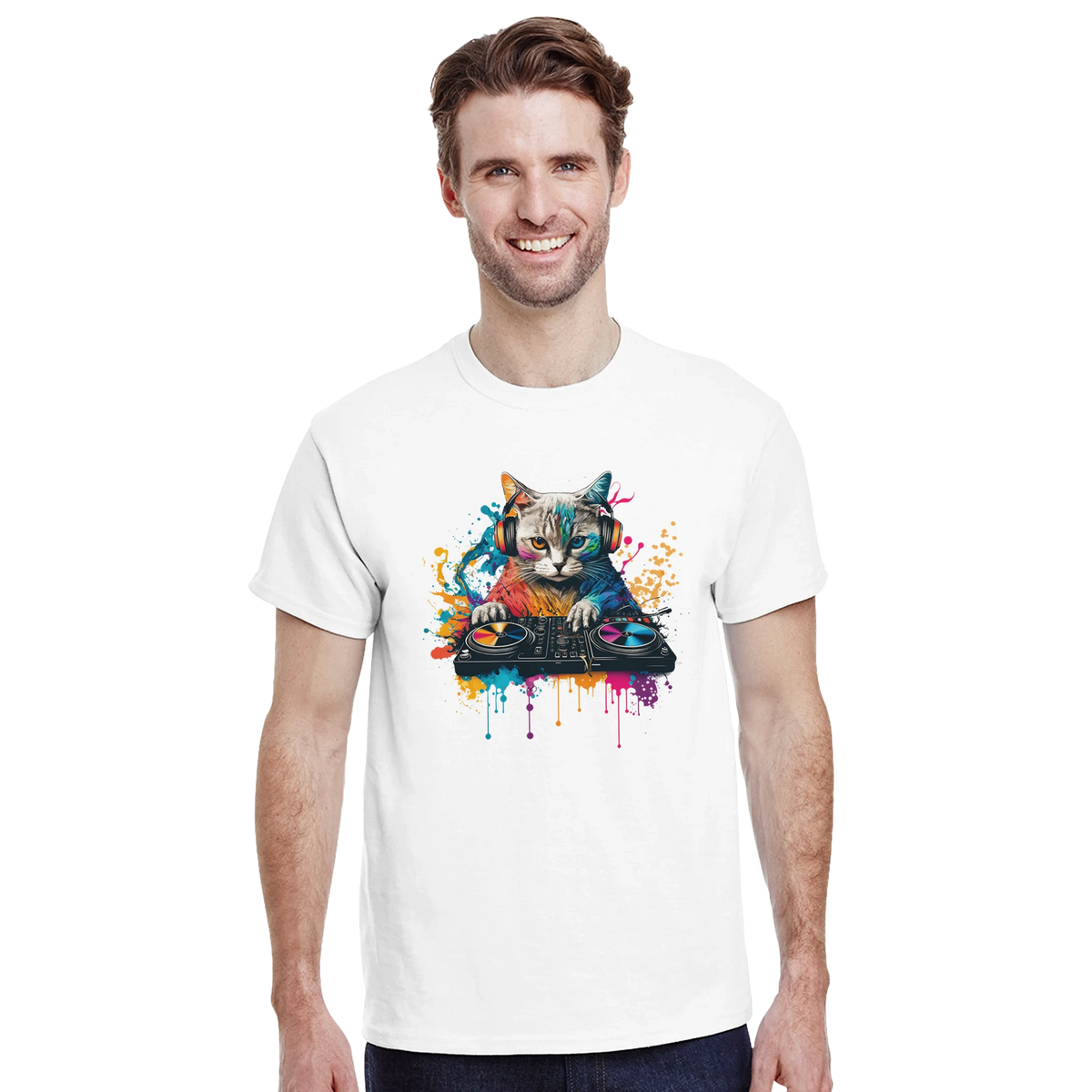 White t-shirt featuring a colourful artistic graphic of a cat wearing headphones and playing DJ turntables with paint splatters.