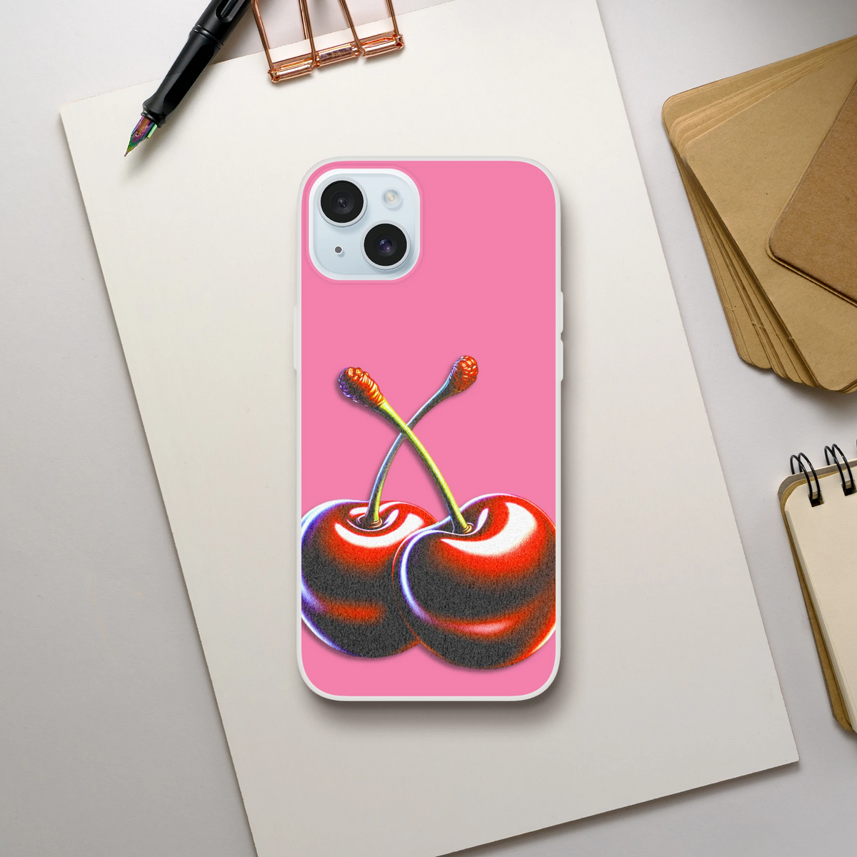 Retro Cherries iPhone Case for iPhone 13–16, pink with cherry artwork and matte finish.