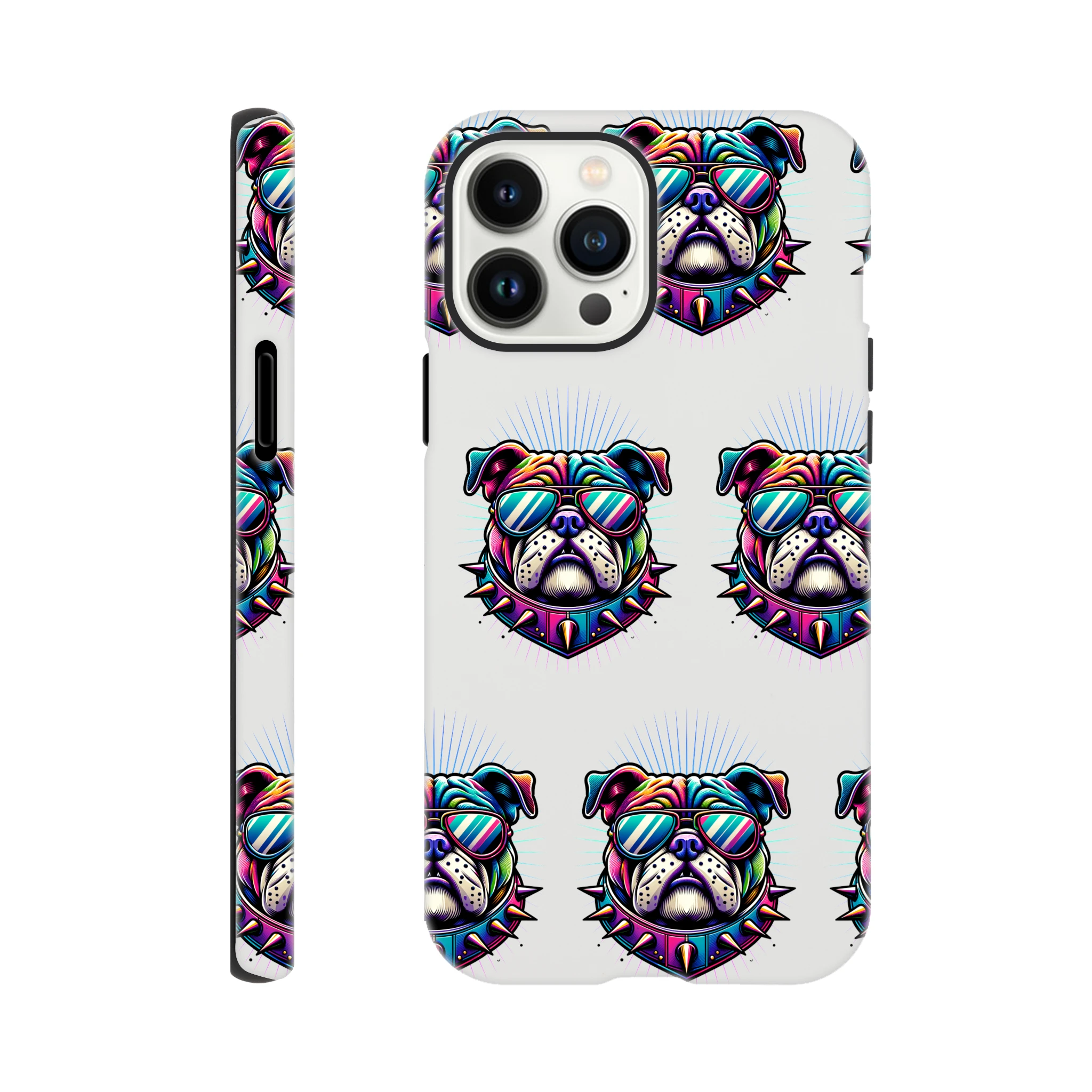 Vibrant bulldog-faced phone case with sunglasses, dual-layer protection and wraparound print on back and sides.