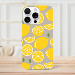 Yellow lemon pattern tough iPhone case for iPhone 13-16. Durable citrus phone cover with drop guard handling for city life.