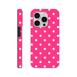 Hot pink and white polka dot tough iPhone case with rugged dual-layer protection and shock-absorbing TPU inner shell.