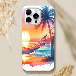 Tropical beach sunset iPhone case for iPhone 16, 15, 14, 13 with palm trees and hammock.