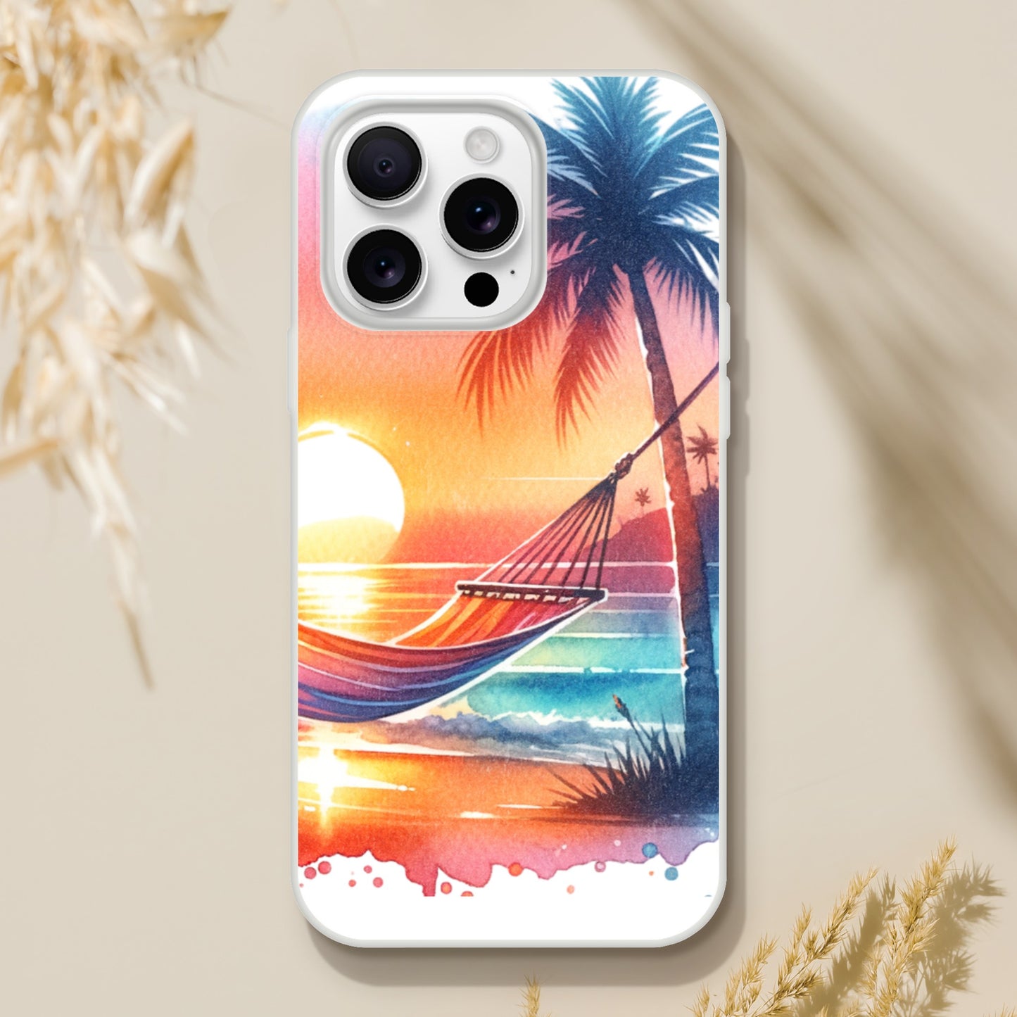 iPhone case with a tropical design featuring a hammock, palm trees, and sunset. 19