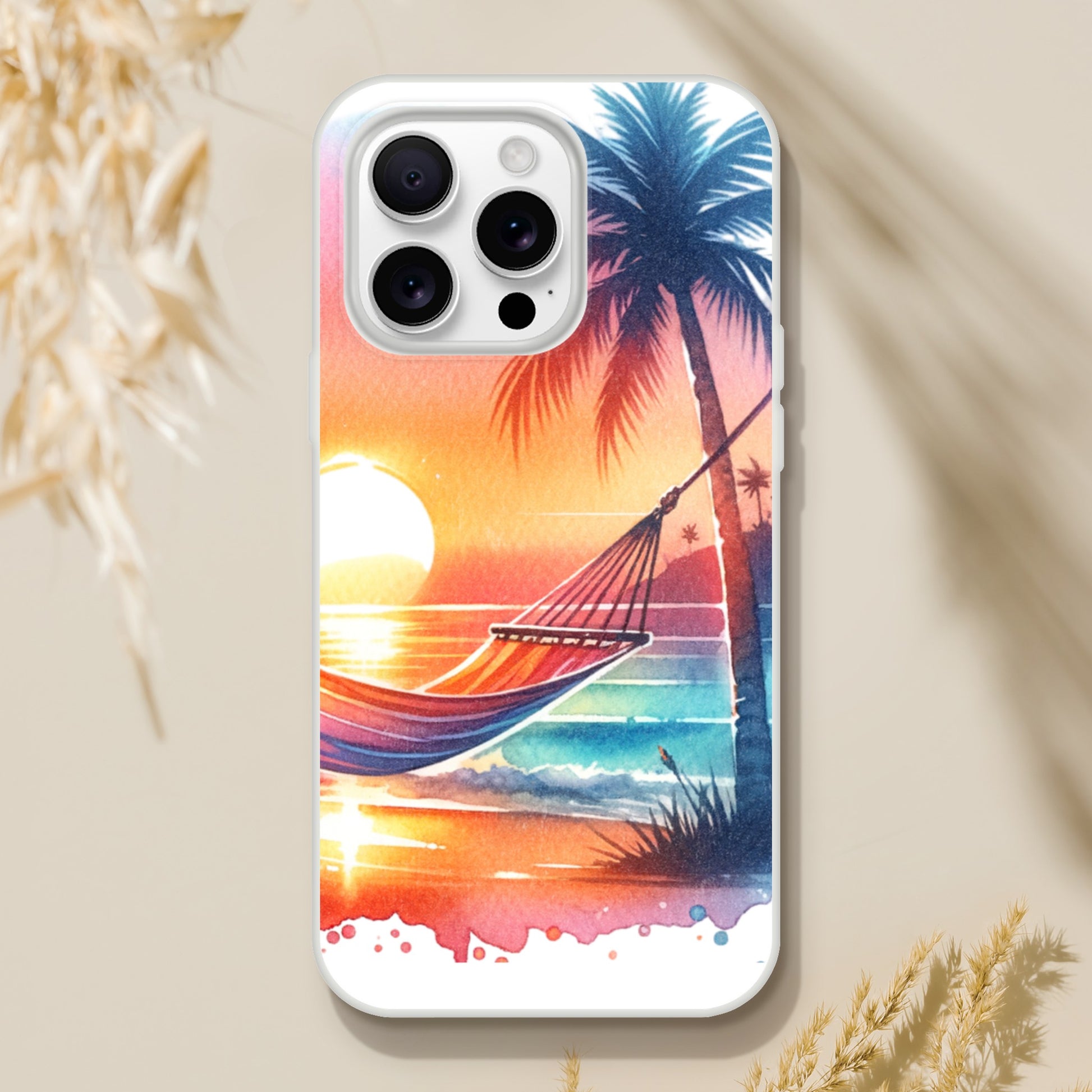 iPhone case with a tropical design featuring a hammock, palm trees, and sunset. 19