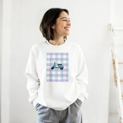 White women's sweatshirt featuring a retro scooter graphic inside a pastel gingham square. Vintage mod style jumper.