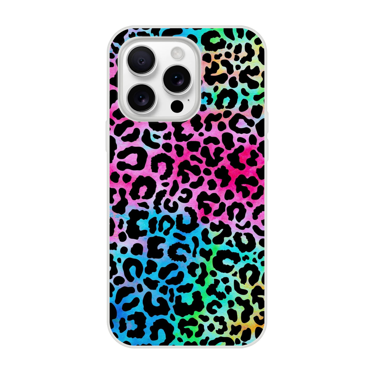 Rainbow leopard print iPhone case for iPhone 13-16 with slim matte finish and bold colors.
