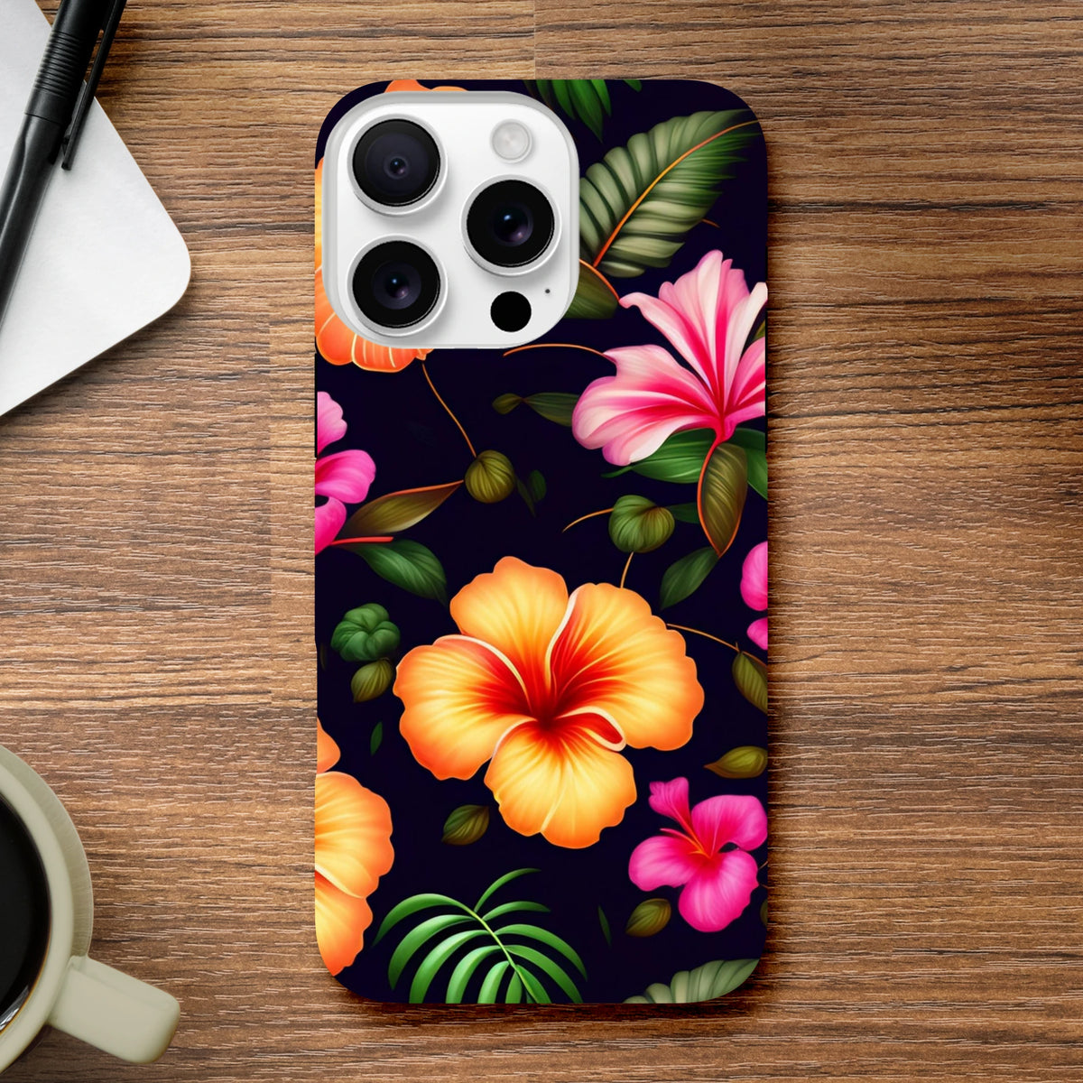 Tropical floral tough iPhone case featuring vibrant orange and pink hibiscus flowers with green leaves on a dark background.