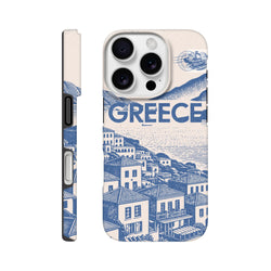 Vintage Greece tough iPhone case featuring a blue Mediterranean village illustration, bold GREECE text, and a retro airmail stamp design.