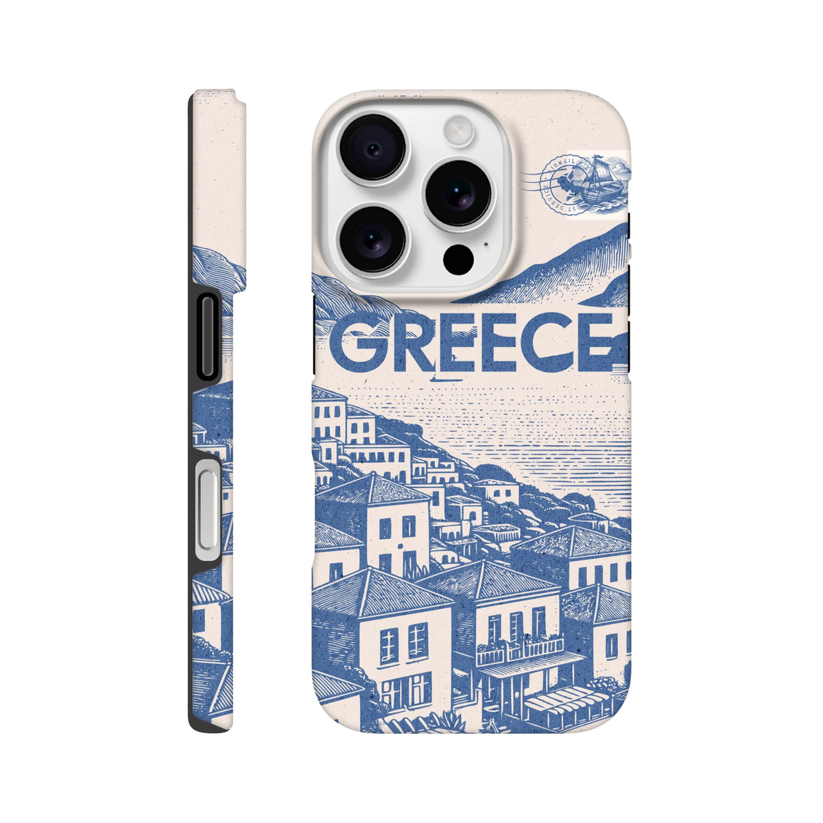 Vintage Greece tough iPhone case featuring a blue Mediterranean village illustration, bold GREECE text, and a retro airmail stamp design.
