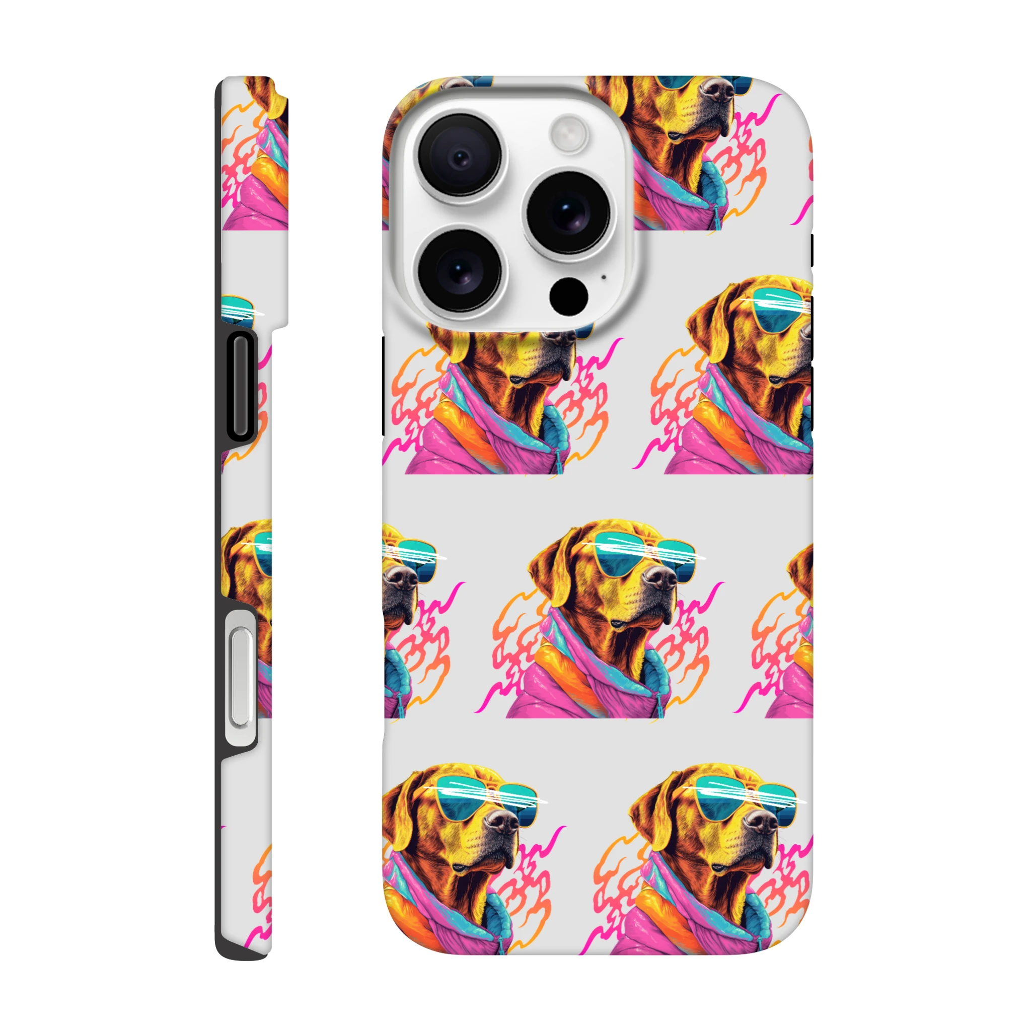 Vibrant dog wearing sunglasses on a wraparound, dual-layer tough protective case for iPhone 16/15/14/13