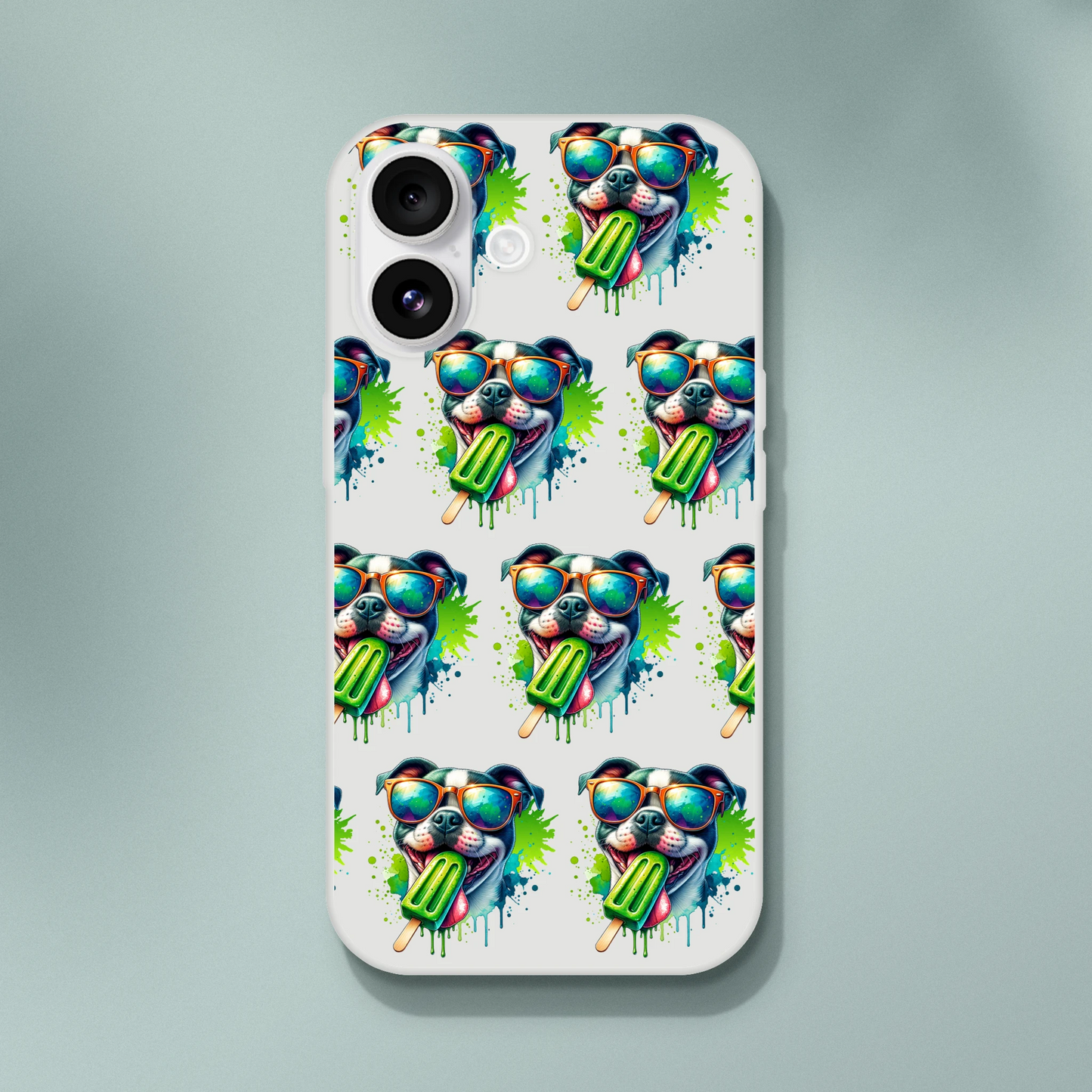 Clear iPhone case featuring a repeating colorful chill-dog wearing sunglasses and a popsicle.
