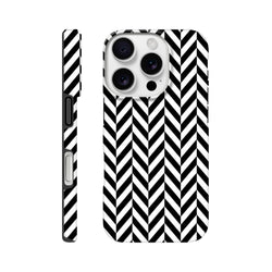 Black and white herringbone geometric iPhone case with tough dual-layer protection and shock-absorbing TPU shell.
