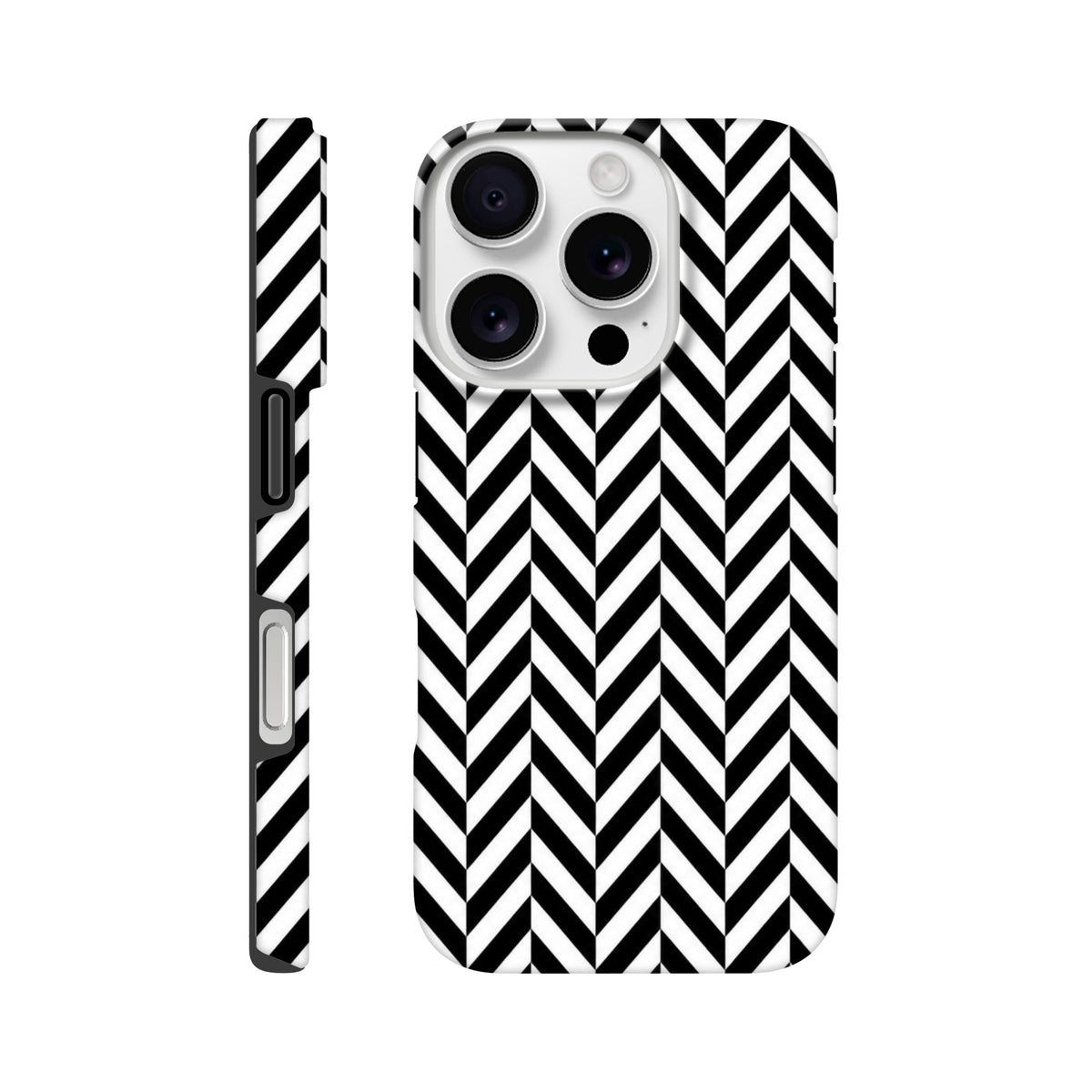 Black and white herringbone geometric iPhone case with tough dual-layer protection and shock-absorbing TPU shell.