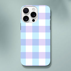 Pastel blue and lavender gingham iPhone case with cute checkered pattern and tough shock-absorbing protection for streetwear style.