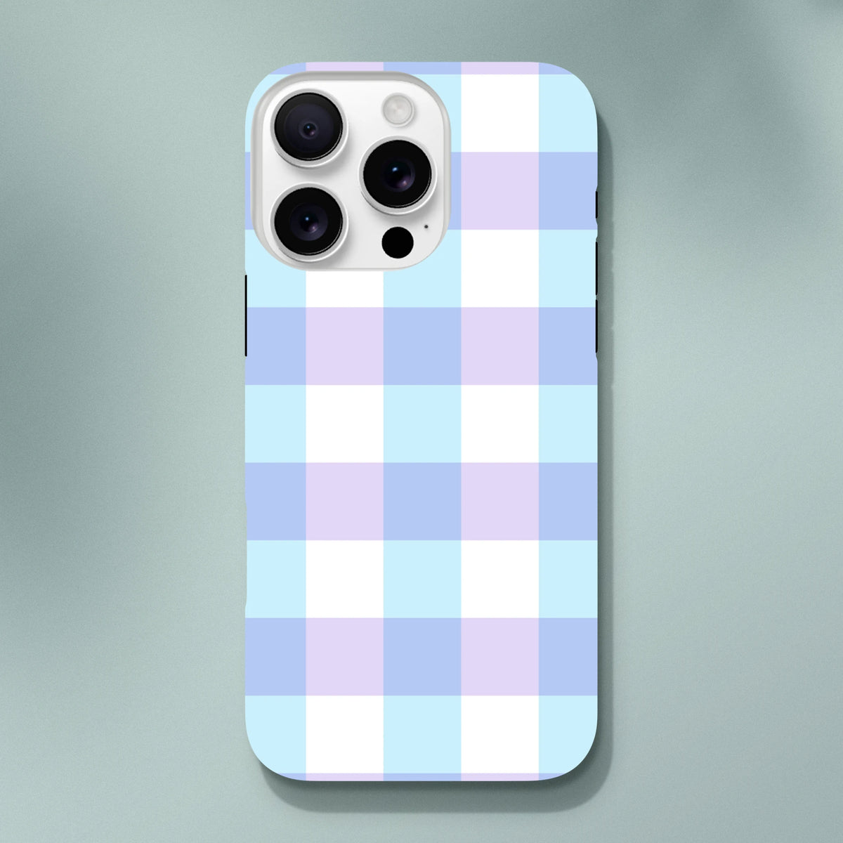 Pastel blue and lavender gingham iPhone case with cute checkered pattern and tough shock-absorbing protection for streetwear style.