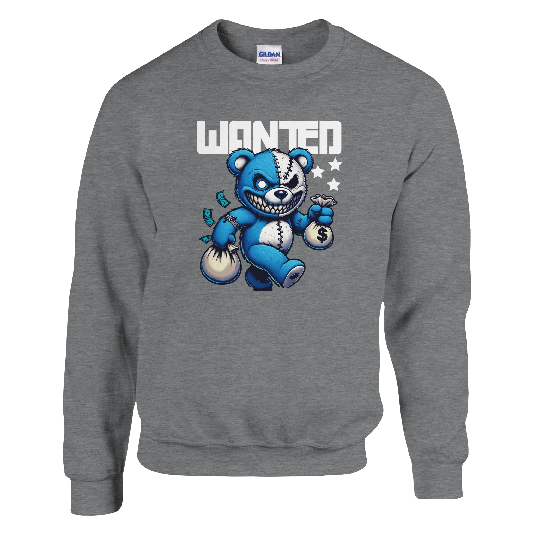 Wanted Teddy Bear graphic on gray men's sweatshirt; blue bear with patchwork face holding money bags under 'WANTED'.