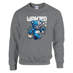 Wanted Teddy Bear graphic on gray men's sweatshirt; blue bear with patchwork face holding money bags under 'WANTED'.
