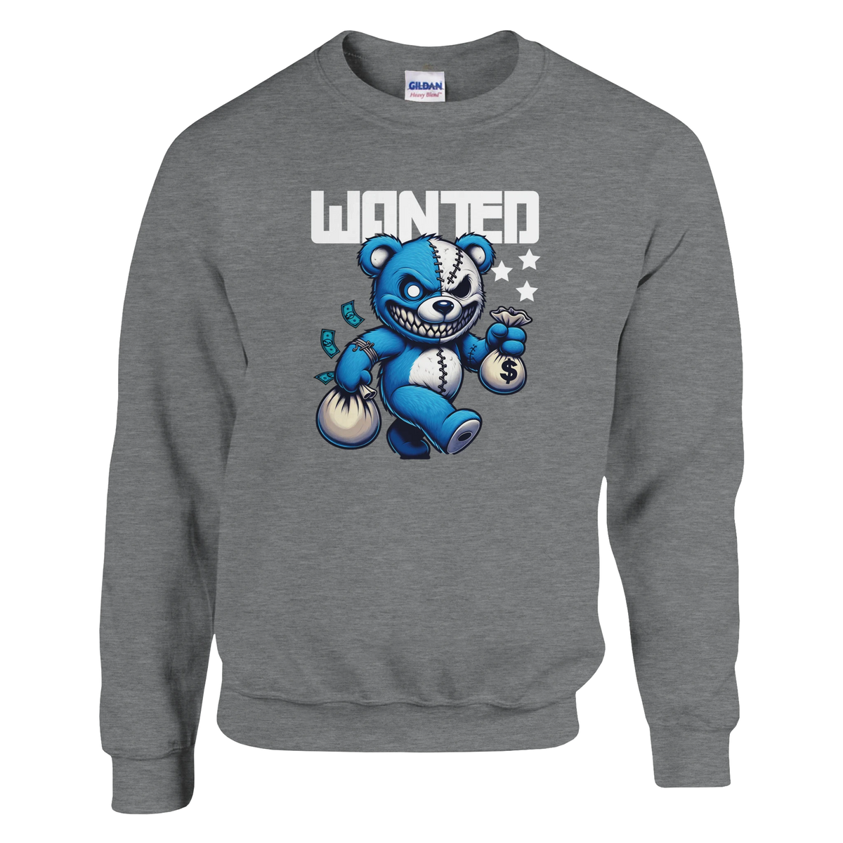 Wanted Teddy Bear graphic on gray men's sweatshirt; blue bear with patchwork face holding money bags under 'WANTED'.