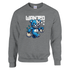 Wanted Teddy Bear graphic on gray men's sweatshirt; blue bear with patchwork face holding money bags under 'WANTED'.
