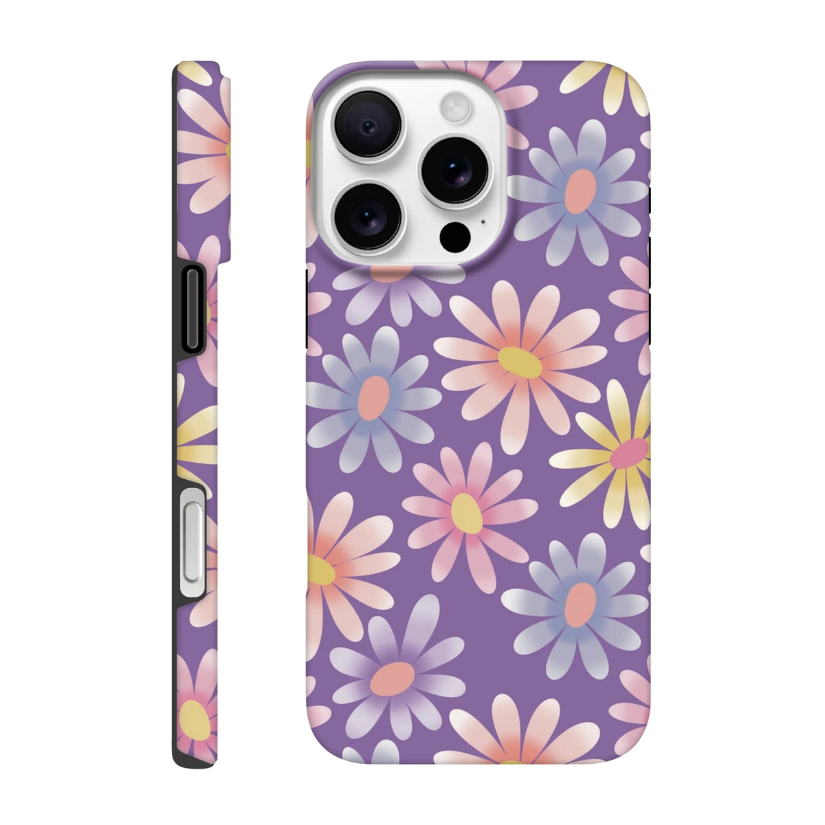 Purple retro floral iPhone case featuring pastel daisies with shock-absorbing TPU protection for models 13 through 16.