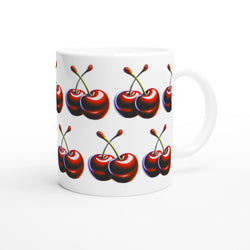 Cherry Mug Gift For Her: white ceramic mug with a glossy finish and vivid cherry pattern.