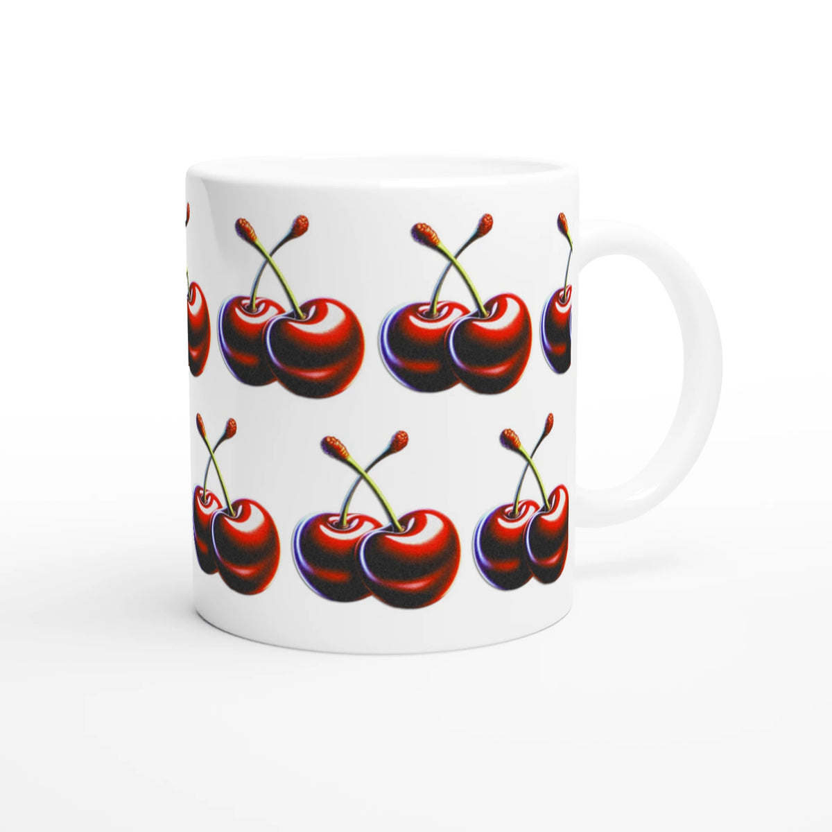 Cherry Mug Gift For Her: white ceramic mug with a glossy finish and vivid cherry pattern.