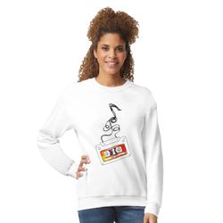 White women's sweatshirt featuring retro cassette tape graphic with swirling tape and 90s Hits label for vintage music nostalgia.