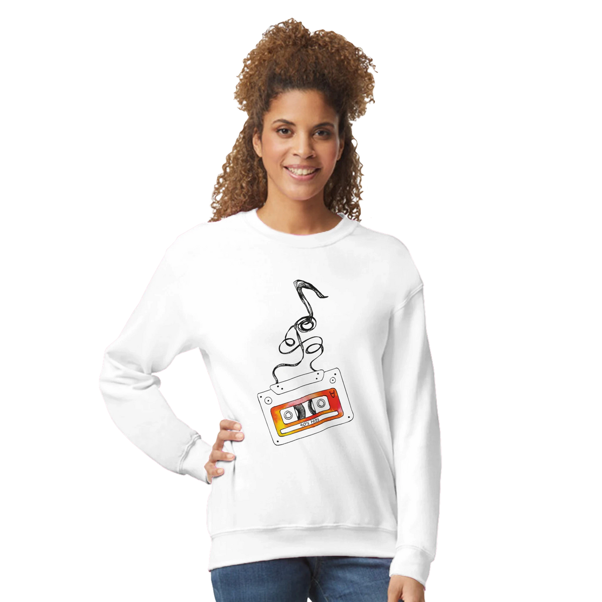 White women's sweatshirt featuring retro cassette tape graphic with swirling tape and 90s Hits label for vintage music nostalgia.
