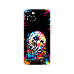 Flat Out Petrolhead iPhone case with checkered flag, palm trees, and colorful paint splatter design on a black background.