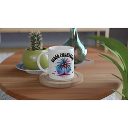Urban Palm Trees mug with retro tropical palm design on a wooden table.