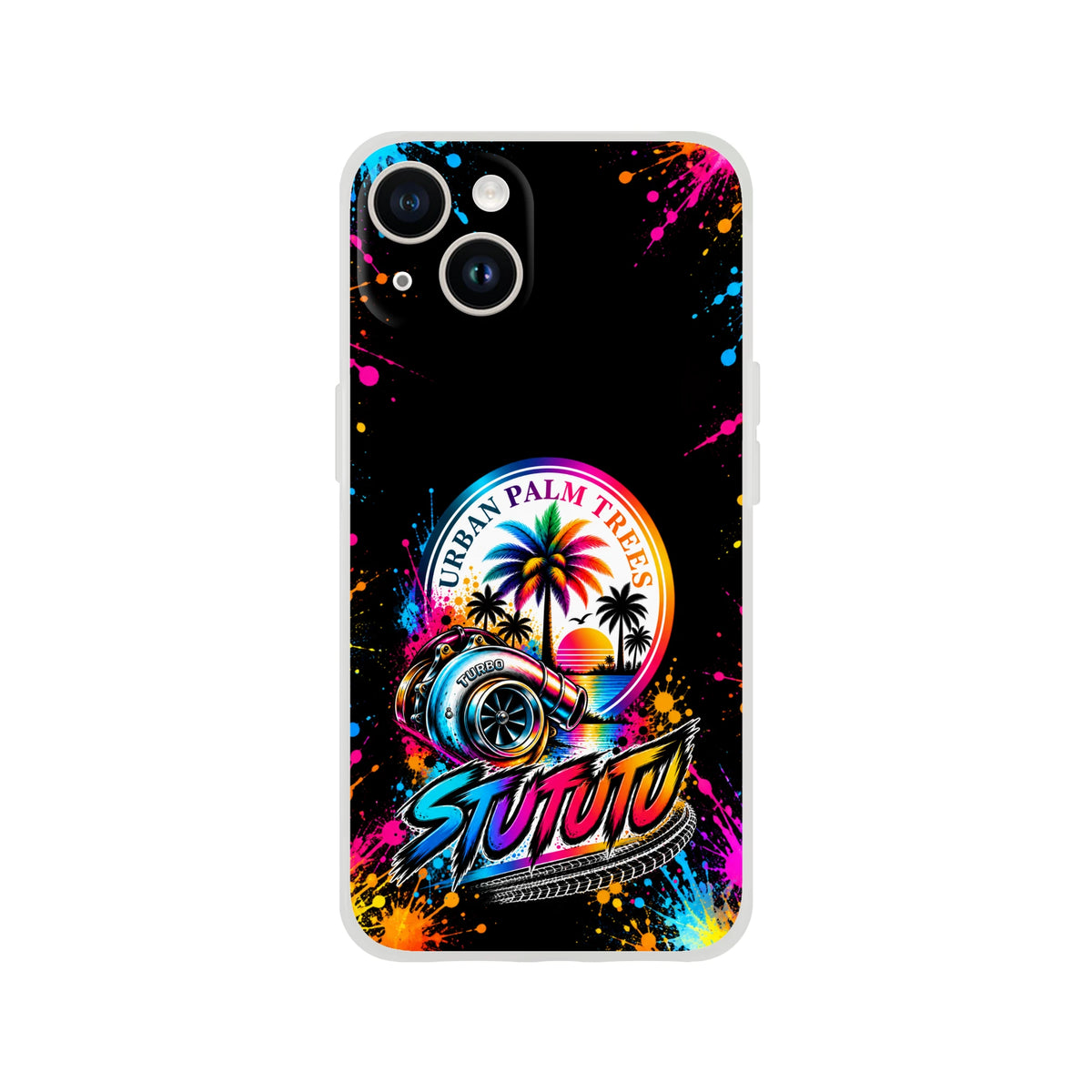 Turbo car culture iPhone case featuring a colorful turbocharger, palm trees, and neon paint splatter art on a black background.
