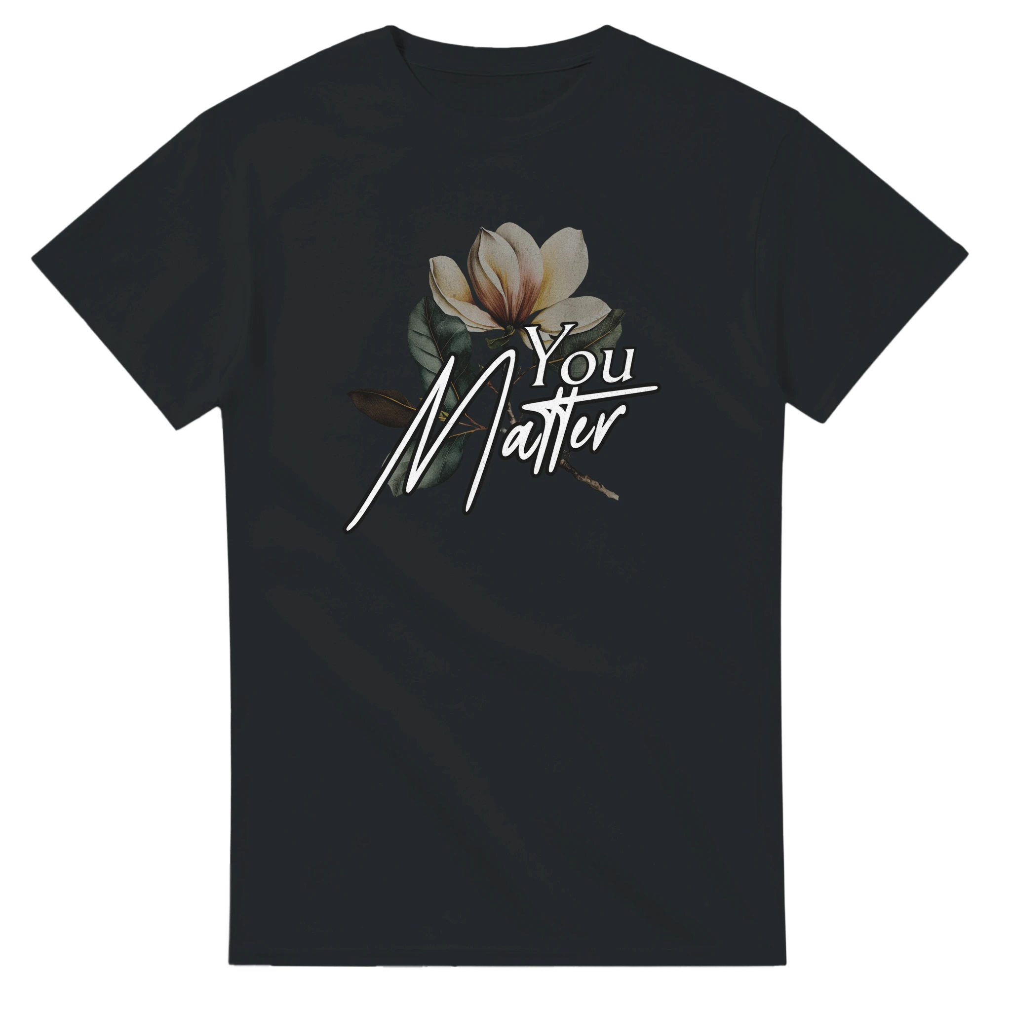 Dark charcoal women's tee featuring You Matter slogan with magnolia flower graphic on the front.