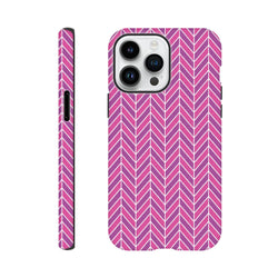 Pink herringbone geometric iPhone case featuring shock-absorbing TPU and reinforced dual-layer frame for durable daily impact resistance.